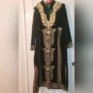 Green Velvet Kaftan Embroidered  Caftan Uzman Turkish Giyim 100% Cotton sz 5